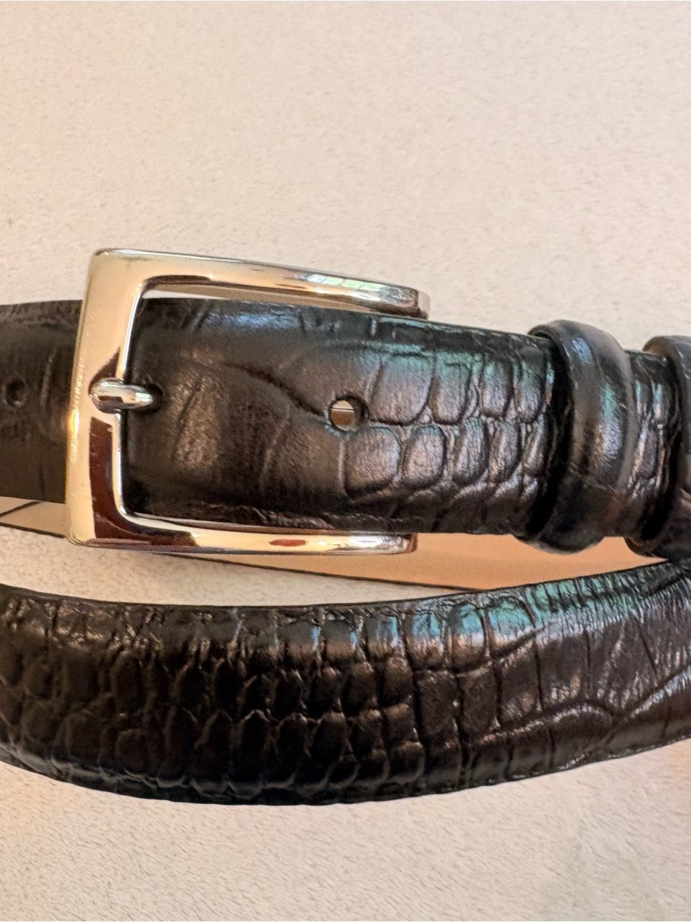 Black Croc-Embossed Italian Leather Belt Silver Solid Brass Buckle Sz 38